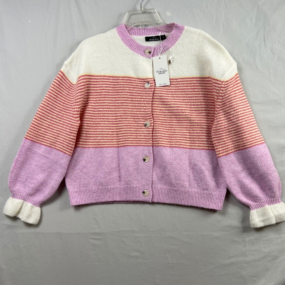 Trendy Queen Cardigan Women Small Pink White Colorblock Striped Puff Sleeve